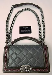 Authentic 2015-16 Chanel Le Boy Bag Flapbag Handbag Grey Burgundy w/ Certificate - Picture 1 of 12