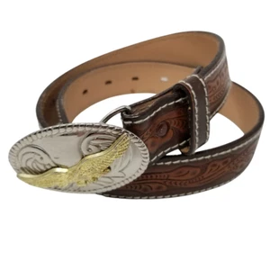 Unisex Silver-Tone Metal Hand Embossed Split Cowhide Brown Leather Belt Youth M - Picture 1 of 11