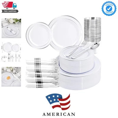 Juego de vajilla de plástico plateado 210 piezas para 30 invitados, platos de plástico para par... Foto 1 de 4