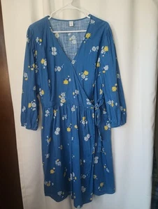 Old Navy Floral Wrap Dress 1X Blue Long Sleeve Cottagecore Bloomcore Garden - Picture 1 of 15