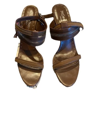 Yves Saint Laurent Rive Gauche Sandalia Puntera Abierta Cuero Marrón Cremallera Correa al Tobillo Foto 1 de 4