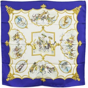 HERMES 100% Silk Carre 90 Scarf LES CHEVAUX DES MOGHOLS Blue - Picture 1 of 15