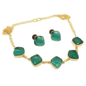 Grünes Diopsid Schmuck Set vergoldet Ohrringe Halskette Geschenk für Sie D638 - Bild 1 von 4