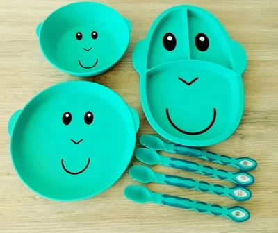 Matchstick Monkey Essenszeit Set Teller, Schüssel und 4 Löffel Affe grün - Bild 1 von 2