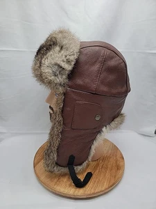 Klassischer brauner Trapper-/Bomberhut aus Leder mit Fellbesatz für Herren Größe M - Bild 1 von 8