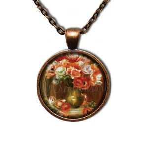 Pierre-Auguste Renoir Anemones Flowers Handmade Round Glass Pendant Necklace - Picture 1 of 10