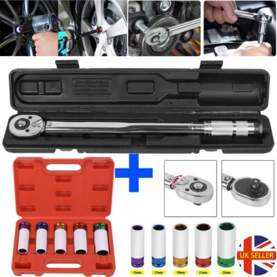 6Pcs 1/2" Wheel Lug Nut Thin Wall Impact Sockets and Ratchet Torque Wrench Set