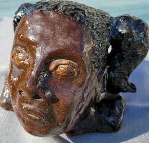 VTG Sculpture African-American Girl Pigtails Red Clay Pottery Unique Beautiful - Picture 1 of 12