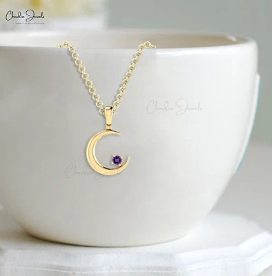 2mm African Amethyst Half Moon Celestial Pendant 14K Fine Gold Necklace For Her - Image 1 of 4