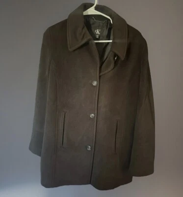 Calvin Klein Womens L Brown Black Angora Wool Blend Button Up Pea Coat 1803 - Image 1 of 4