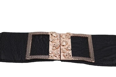 Mujeres Ancho Color Negro Correa Elástica Moda Cinturón Metal Dorado Calaveras Hebilla S M Foto 1 de 4