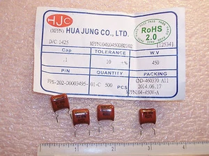 QTY (500) .1uf 450V 10% METALLIZED POLYPROPYLENE CAPACITORS MPPN104K0450DB ROHS  - Picture 1 of 4