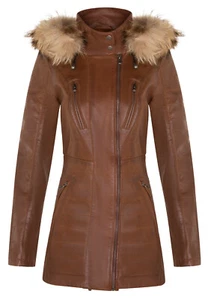 Women's Tan Leather Jacket Detachable Hooded Quilted Parka Trench Coat - Picture 1 of 5