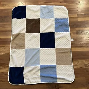 Just Born Patchwork Blue White Brown Beige Color block Minky Baby Blanket 30x40 - Picture 1 of 9