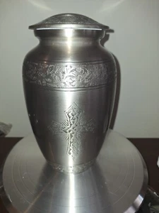 Adult Cremation Funeral Urn for Human Ashes, Pewter Etched Cross with Velvet Bag - Picture 1 of 2