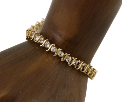 Brazalete de eslabones de tenis "S" de topacio blanco para mujer de oro macizo de 10 k de 7,0 pulgadas de largo Foto 1 de 4