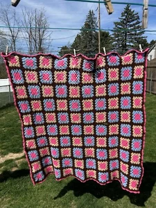 Vintage Crochet Granny Square Pink Brown Throw Blanket Handmade 60x50 READ - Picture 1 of 9