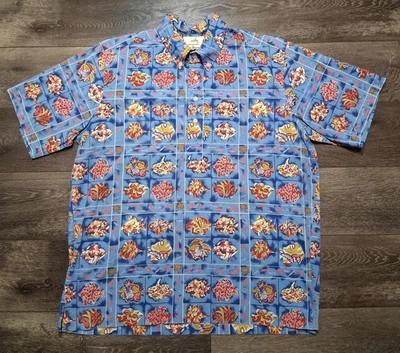 Vintage Reyn Spooner Fish Floral Reverse Print Hawaiian Shirt 1/4 Button Large  - Image 1 of 4