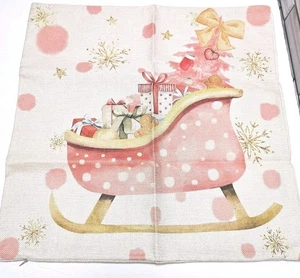 Decorative Christmas Pillow COVER Pink Santa's Sleigh Gold Snowflakes 17"x17" - Picture 1 of 11