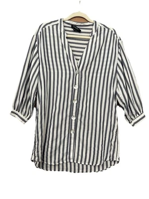 Blusa estilo RD con botones delanteros a rayas para mujer azul marino blanco manga enrollable talla M Foto 1 de 3