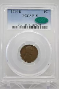 1914-D Lincoln Wheat Cent 1C PCGS F 15 Green CAC Simi Key Date #8660 - Picture 1 of 4