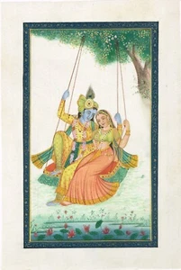Pintura religiosa india de Radha Krishna arte oscilante sobre tela de seda 7x11 pulgadas - Imagen 1 de 5