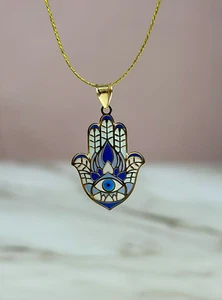 14K Solid Gold Pendant Necklace Hand-Painted Abstract Evil Eye in Hamsa Hand - Picture 1 of 18