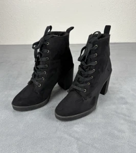 H M Combat Heels Womens 8.5 Black Suede Fuzzy Lace Up Y2K Edgy Punk - Picture 1 of 15