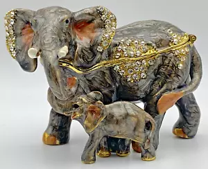 Swarovski Kristall Akzent Emaille Klappdeckel Schmuck Box ELEFANT MAMA & BABY (A) - Bild 1 von 14