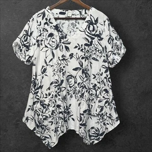 Coldwater Creek Damen Top Größe 1X schwarz weiß Blumenmuster Leinen Viskose Kurzarm - Bild 1 von 11