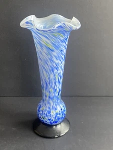Vintage Art Glass Bud Vase Speckled Blue White  White  Riffled Japan 6 1/2” - Picture 1 of 5