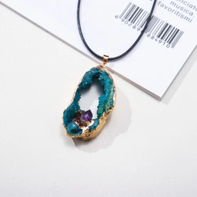 Agate Slice Amethyst Geode Stone Crystal Healing Pendant Quartz Druzy Necklace - Image 1 of 4