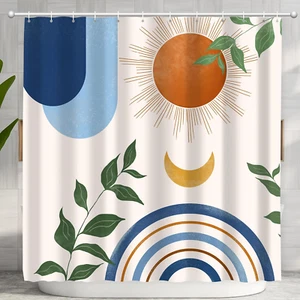 Mid Century Abstract Boho Aesthetic Shower Curtain Set, Blue Nature Leaf Sun Mod - Picture 1 of 7