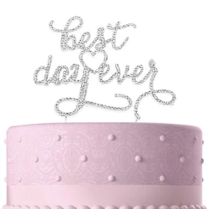 Decoración superior de pastel de boda de estrás de metal plateado Best Day Ever - Imagen 1 de 7