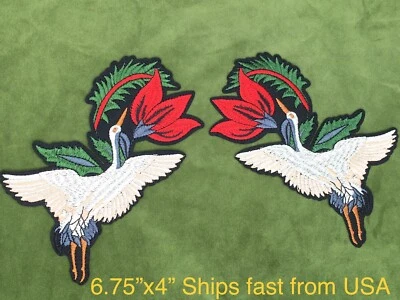 7" x 4" One Pair Embroidered Good Luck Crane Iron-on Patch-  Fast Ships from USA - Image 1 of 4