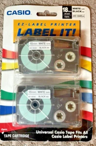 Casio EZ-Label It 2-Pack Tape Cartridges XR-18WE2S 18mm 3/4 in white tape, black - Picture 1 of 2