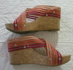 Lucky Brand Womens Wedges Size 9 Miller Cork Orange/Red Stripe Mesh - Picture 1 of 9