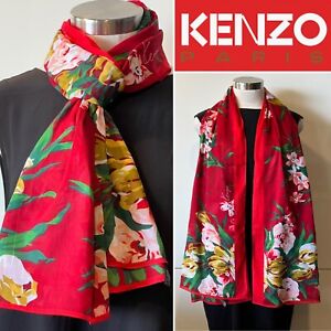 KENZO Vintage Red,Green,Mustard Floral Cotton SCARF/WRAP 98cm x 164cm -Excellent