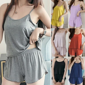 Women Strap Pyjamas Nightwear Cami Veat Shorts Set Loungewear Pjs Sleepwear New - Picture 1 of 19