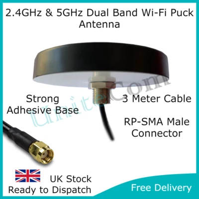 Wi-Fi 2.4 & 5GHz Puck Antenna RP-SMA Internal/External Broadband Router Booster - Image 1 of 3