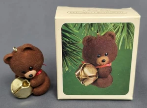 Vtg Hallmark Ornament 1992 Jingling Teddy Jingle Bell Brass Flocked Bear fuzzy - Picture 1 of 3