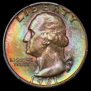 1961 D 25C Washington Quarter PCGS MS66+ Plus CAC Better Date Rainbow Toned - Picture 1 of 4