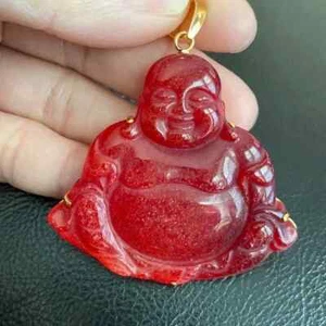 18K Yellow Gold Carved Red Happy Laughing Buddhist Meditation Buddha Pendant L - Picture 1 of 5