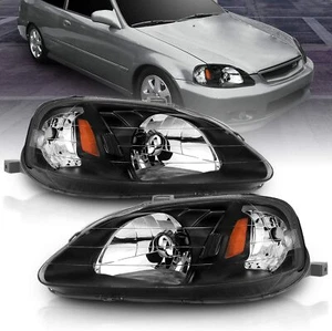 For Honda Civic 1999-2000 HeadLights Lamps Set Pair LH+RH Black/Amber - Bild 1 von 6