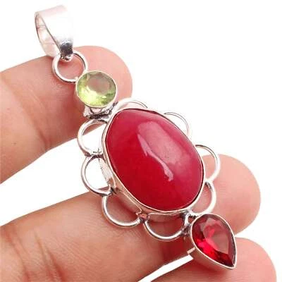 Rubino Gemma Placcato Argento Handmade Ciondolo Gioielli Regalo 4.8cm P-14154 - Immagine 1 di 3