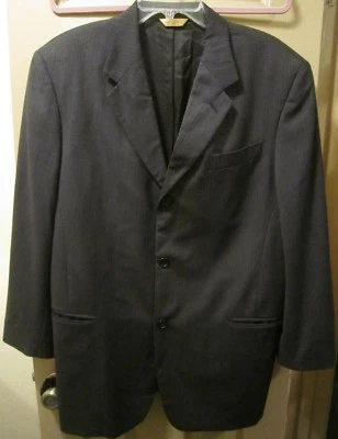 尺寸 42R DONNA KARAN 男式 3 BTN Charcoal 灰色条纹羊毛西装夹克外套,二手状况完好 — 第 1/4 张图片