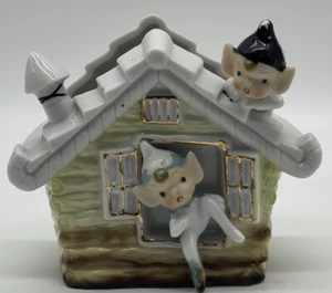 Rare Japan Pixies On Yellow House Planter 2 Elves Kitschy Fantasy Figurine - Picture 1 of 11
