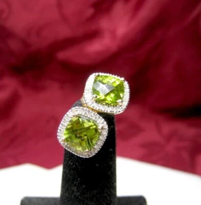 EMA 14K GOLD DIAMOND HALO & 7MM CUSHION CUT PERIDOT STUD EARRINGS 2.9 GRAMS - Picture 1 of 9