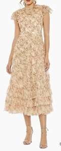 Mac Duggal Ruffle Tiered Midi Cocktail Formal Dress Pink Multi Womens SZ 8 New - Picture 1 of 8