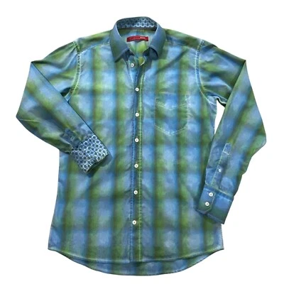 Georg Roth Shirt Mens S Plaid Ombre Flip Cuff Blue Green Button Up 100% Cotton - Image 1 of 4